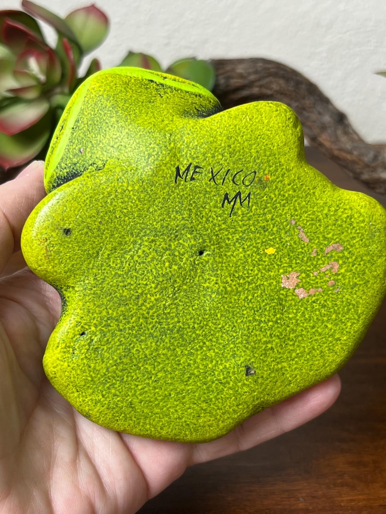 May include: A lime green ceramic frog-shaped dish with a textured surface. The dish has a bright yellow rim and the word "MEXICO" is written on the surface. The dish is held in a hand.