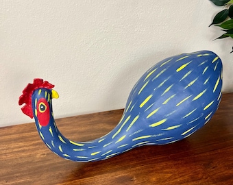Vintage 1986 Painted Gourd Blue and Yellow Chicken Figurine: Signed Folk Art Decor