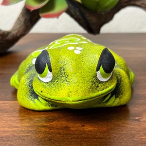 May include: A ceramic frog figurine in shades of green, with black and white accents. The frog has a smiling expression and is decorated with white dots. The figurine is on a wooden surface, with a succulent and branch in the background.