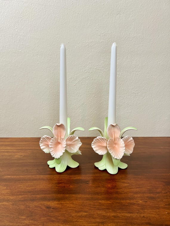 Vintage Fitz and Floyd Orchid Candlesticks: Pastel Ceramic Floral