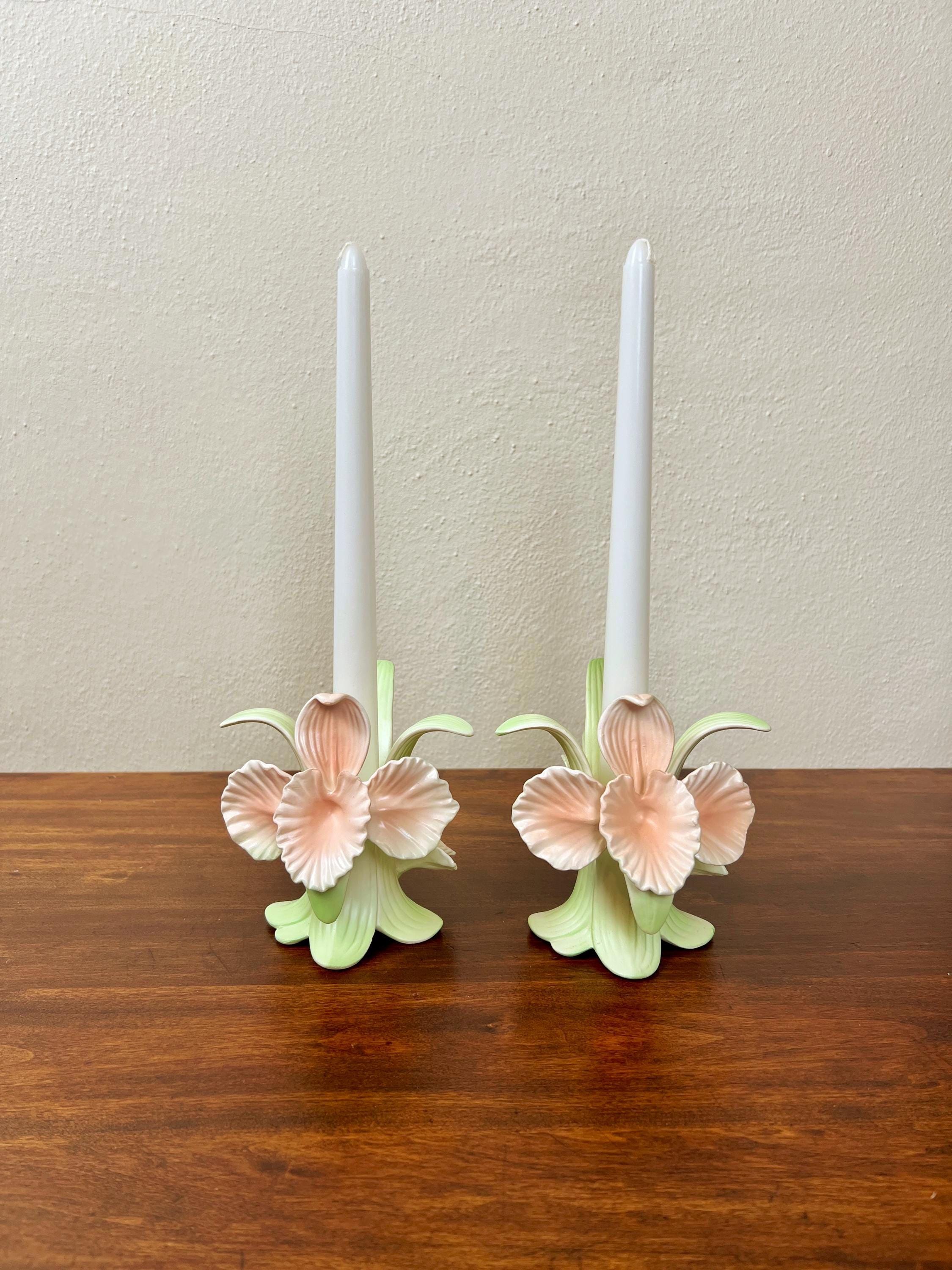 Vintage Fitz and Floyd Orchid Candlesticks: Pastel Ceramic Floral