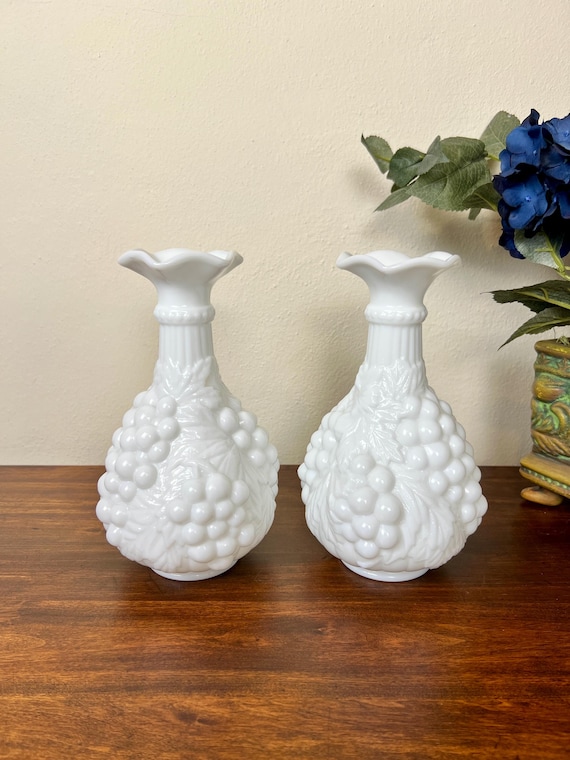 Vintage Pair of White Milk Glass Vases With Embossed Grape Clusters and Leaves Motif