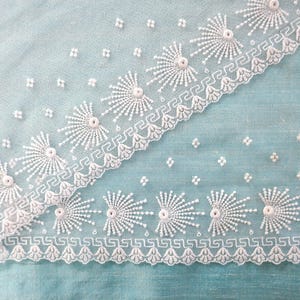 A 75" (191 cm) Length of Unused Antique Machine Embroidered Tulle Lace Trim with Dotted Ground - 9 3/4" (25 cm)  Deep