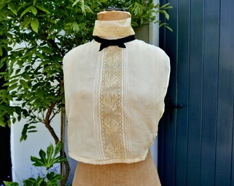 An Unused Antique Cream Chiffon Chemisette with Stand Collar and Valenciennes Lace and Pin-tucks to the Front with Original Bobby & Co Label