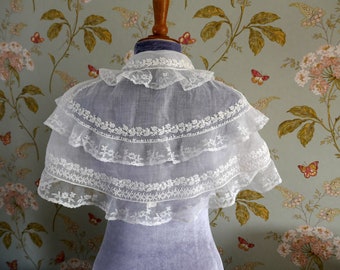 An Antique Victorian Hand Embroidered Bridal Shoulder Cape or Pelerine with Handmade Bucks Point Lace Edging -Perfect for a Bridal Shawl