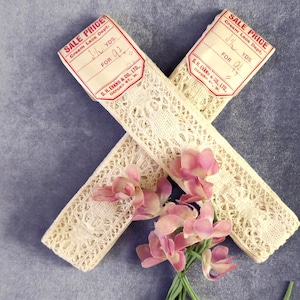 Two Unused 3 1/2 Yard Lengths of Antique or Vintage Lace Trimming from DH Evans with Original Labels Attached