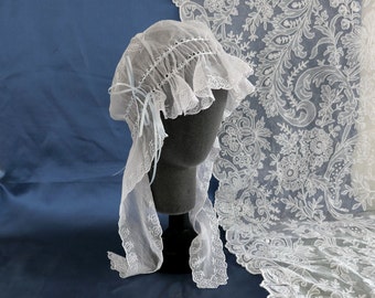 An Antique Victorian Lady's Muslin Cap or Bonnet with Hand Embroidery, Ribbon Insertion & Lappets