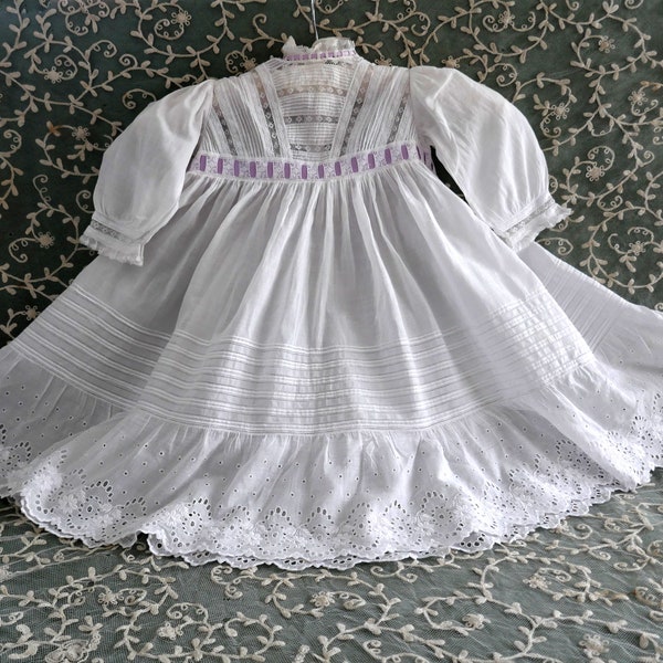 An Antique Victorian or Edwardian Child's Dress with Lace Yoke & Swiss Broderie Anglaise Hem