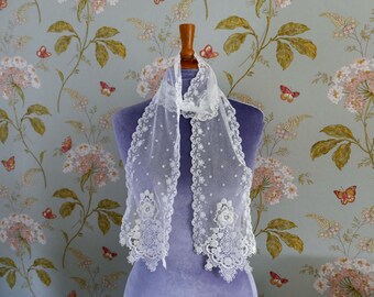 An Antique Machine Embroidered Tulle Scarf with Three Dimensional Schiffli Lace Ends