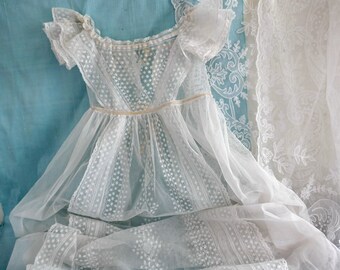 An Antique Mid Victorian Tulle Lace Baptism or Christening Gown with Hand Embroidered Bodice & Skirt