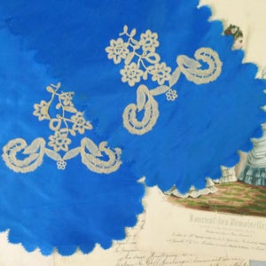 Two 30 1/4&quot; (77 cm) Lengths of Antique Victorian Blue Silk Sash Ribbon with Honiton Lace Applique - 6 7/8&quot; (17.5 cm) Deep - Originally a Bow
