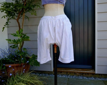 A Pair of Antique Victorian Blue Striped Split Crotch Bloomers or Pantaloons