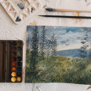 Nostalgic Watercolor Landscape – Original Handmade Painting on Cotton Paper