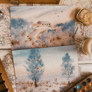 Set di stampe originali di paesaggi invernali innevati ad acquerello