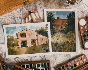 Set of original country houses watercolor sheets