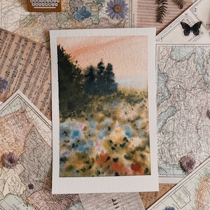 Original watercolor aesthetic landscape pine trees flowers print
