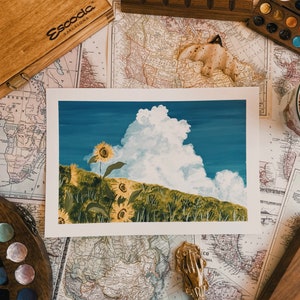 Lámina goauche paisaje girasoles studio ghibli original pintura mi vecino tororo