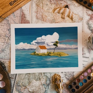 Art print goauche landscape house island studio ghibli original painting spirited away
