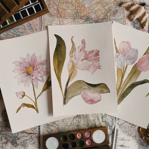 Stampe originali ad acquerello fiori rosa tulipani margherita peonia