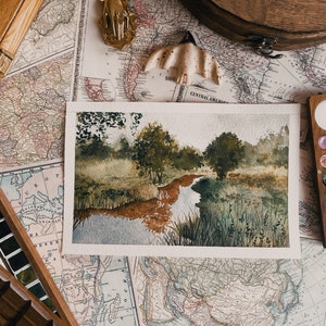 Stampa ad acquerello originale del paesaggio naturale del fiume