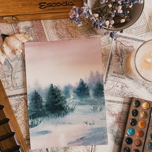 Watercolor piece winter snowy landscape