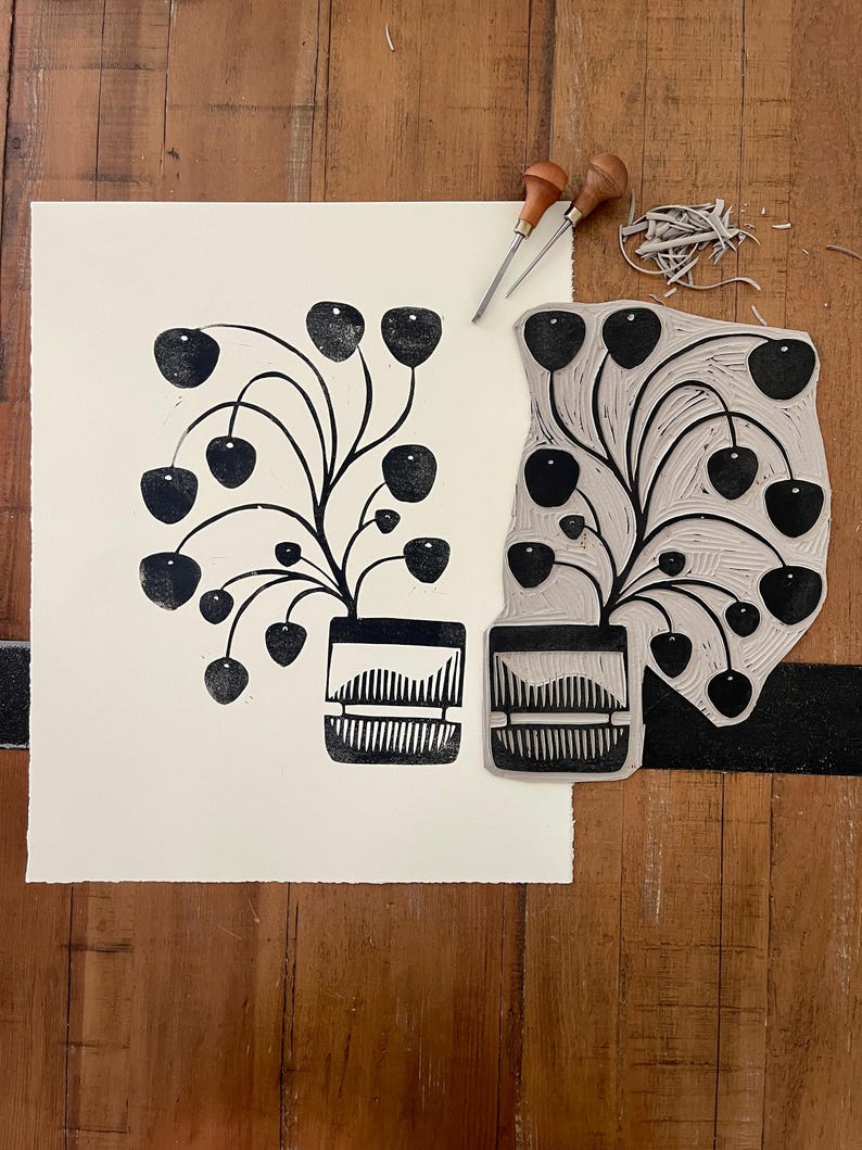 Round Linocuts Chinese Money Plant Linocut Print - Etsy