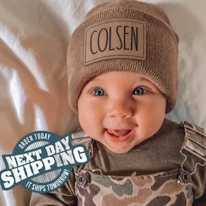 Personalized Printed Name Beanie - LIGHT BROWN PATCH
