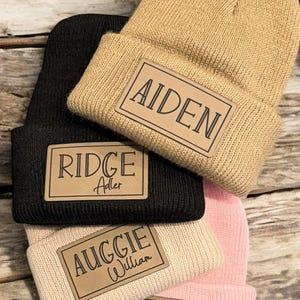 Personalized Name Beanie - Newborn to Young Adult - Style G - Light Brown Patch