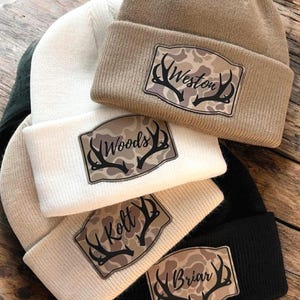 Personalized Camo Name Beanie with antlers - Style BL