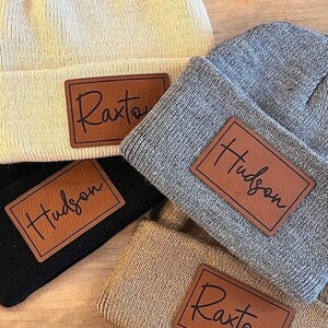 Personalized Name Beanie - Cursive - RAWHIDE PATCH