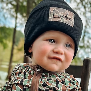 Personalized Printed Name Beanie - Old School Camo CENTER PATCH
