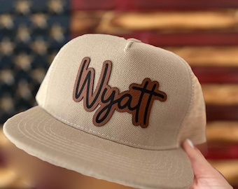 Personalized Snapback Hat | Infant and Youth - Cursive Name Contour, Rawhide Patch