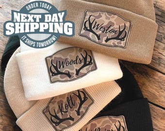 Personalized Camo Name Beanie with antlers - Style BL