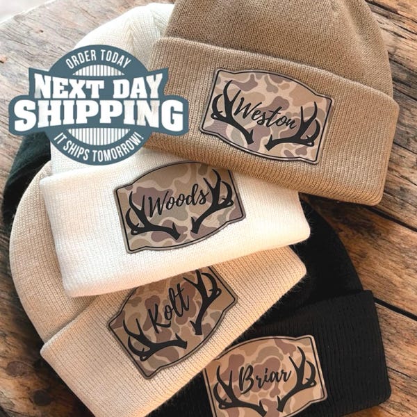 Personalized Camo Name Beanie with antlers - Style BL