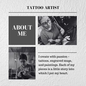 Puede incluir: Imagen en blanco y negro de un artista del tatuaje en acci&oacute;n. La imagen incluye el texto "TATTOO ARTIST" y "ABOUT ME". El artista se muestra tatuando y el texto de abajo dice "I create with passion - tattoos, engraved mugs, and paintings."