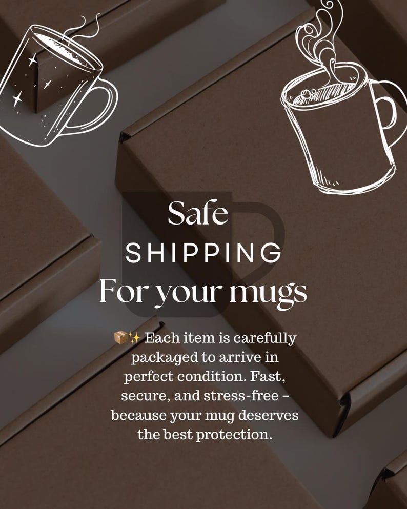 May include: Brown cardboard boxes with white line art illustrations of mugs. The text "Safe SHIPPING For your mugs" is displayed. The text also states that each item is carefully packaged to arrive in perfect condition.