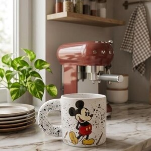 Puede incluir: Taza de cer&aacute;mica blanca con asa y cuerpo moteados, con Mickey Mouse en su atuendo ic&oacute;nico. La taza est&aacute; colocada sobre una encimera de m&aacute;rmol, con una m&aacute;quina de espresso roja en el fondo. El dise&ntilde;o de la taza incluye motas blancas y negras.