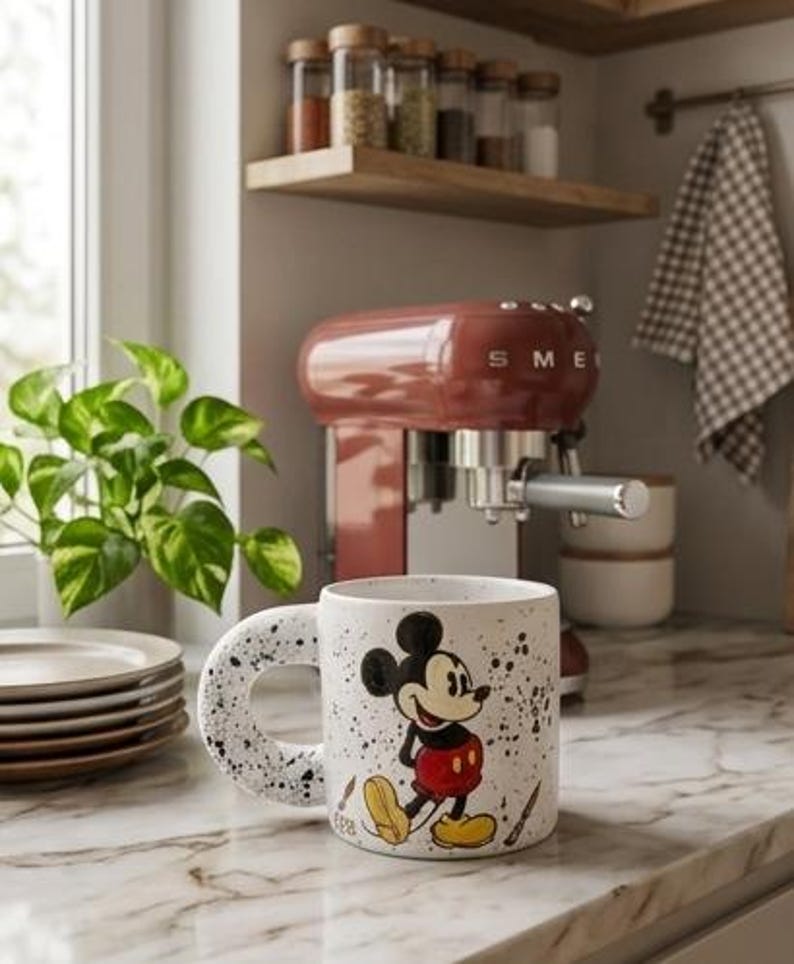 Puede incluir: Taza de cer&aacute;mica blanca con asa y cuerpo moteados, con Mickey Mouse en su atuendo ic&oacute;nico. La taza est&aacute; colocada sobre una encimera de m&aacute;rmol, con una m&aacute;quina de espresso roja en el fondo. El dise&ntilde;o de la taza incluye motas blancas y negras.