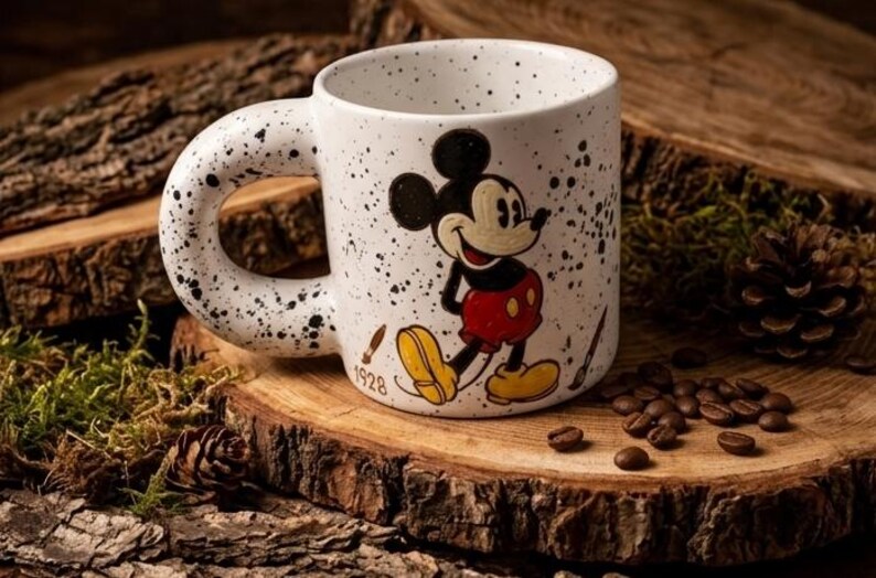 Puede incluir: Taza de cer&aacute;mica blanca con dise&ntilde;o moteado y asa grande y redondeada. La taza presenta una colorida ilustraci&oacute;n de Mickey Mouse. El a&ntilde;o "1928" est&aacute; impreso en la taza. Granos de caf&eacute; y una pi&ntilde;a se encuentran sobre una superficie de madera.