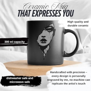May include: Black ceramic mug with a portrait design. The mug has a 300 ml capacity and is dishwasher and microwave safe. The text on the mug says "Ceramic Mug THAT EXPRESSES YOU".