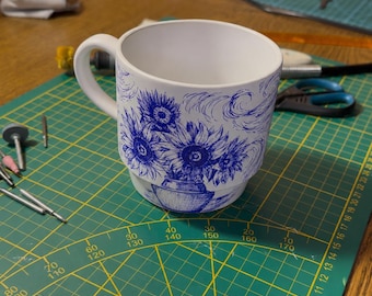 Handbemalte keramiek met blauwe bloemen in Van-Gogh-Stil | Künstlerische Kaffeetasse | Cottagecore-deco