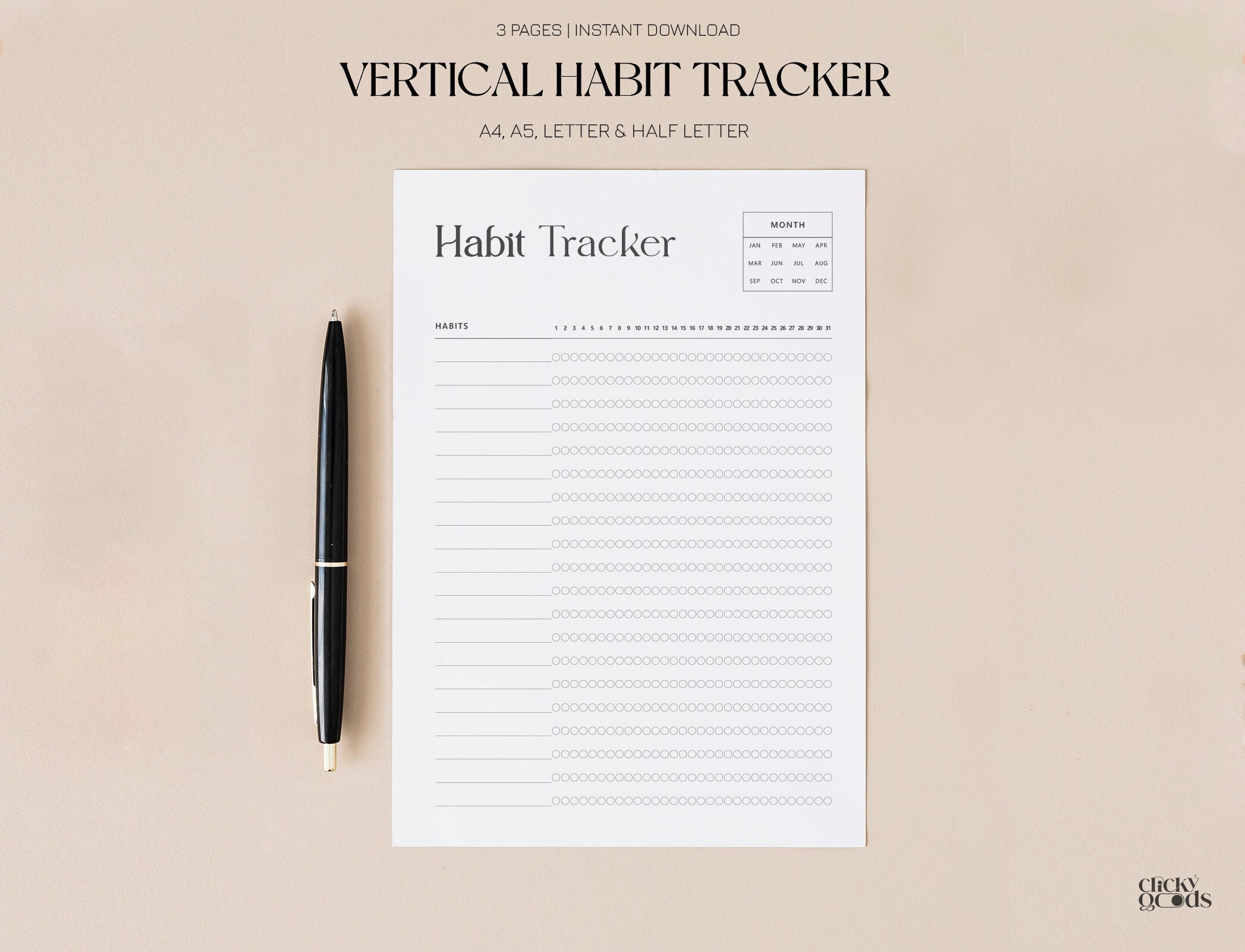Vertical Monthly Habit Tracker Printable 3 Habit Tracker Template ...