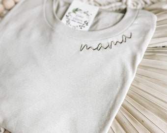 Mama Embroidered T-Shirt | Mama Shirt | Cute Mom Shirt | Mother's Day Gift | Neckline Embroidered Mama Tee | Women's Collar Embroidered Tee