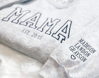 Custom Varsity MAMA Sweatshirt with Kids Names On Sleeve | Personalized Sleeve Embroidered Crew Neck | Mom EST Pullover | Gifts For Mom |