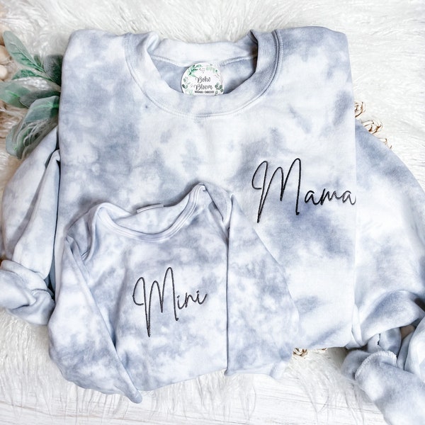 MAMA + MINI Tie-dyed Set | New Mom Gift | Tie Dye Mama and Mini | Embroidered Mama + Mini Set