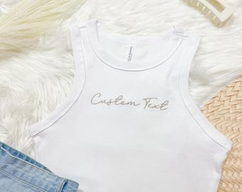 Custom Embroidered Racerback Crop Tank, Personalized Text Shirt, Bridesmaids, Bachelorette, Y2K Style, Custom Gift for Any Occasion