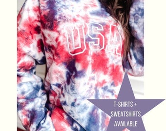 4th of July Sweatshirts and Tees | Embroidered Tie-dye USA shirt | Women's 4th of July | Patriotic Shirt | Red White and Blue Tie-dye