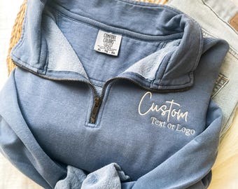 Custom Comfort Colors Quarter Zip | Personalized Left Chest Embroidery | Logo or Text | Choose Font & Thread Color | Team or Everyday Wear