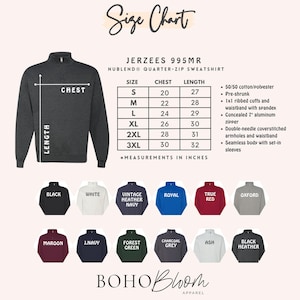 May include: A size chart for a Jerzees 995MR quarter-zip sweatshirt, with measurements in inches. The chart includes sizes S to 3XL, chest and length measurements, and color options. The sweatshirt is available in various colors, including black, white, and navy.