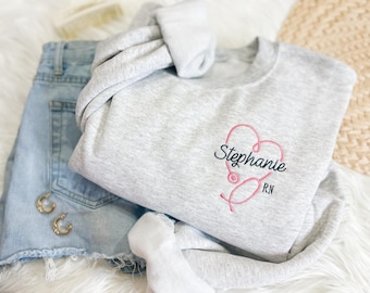Personalized Nurse Sweatshirt: Embroidered Heart Stethoscope, Custom Name